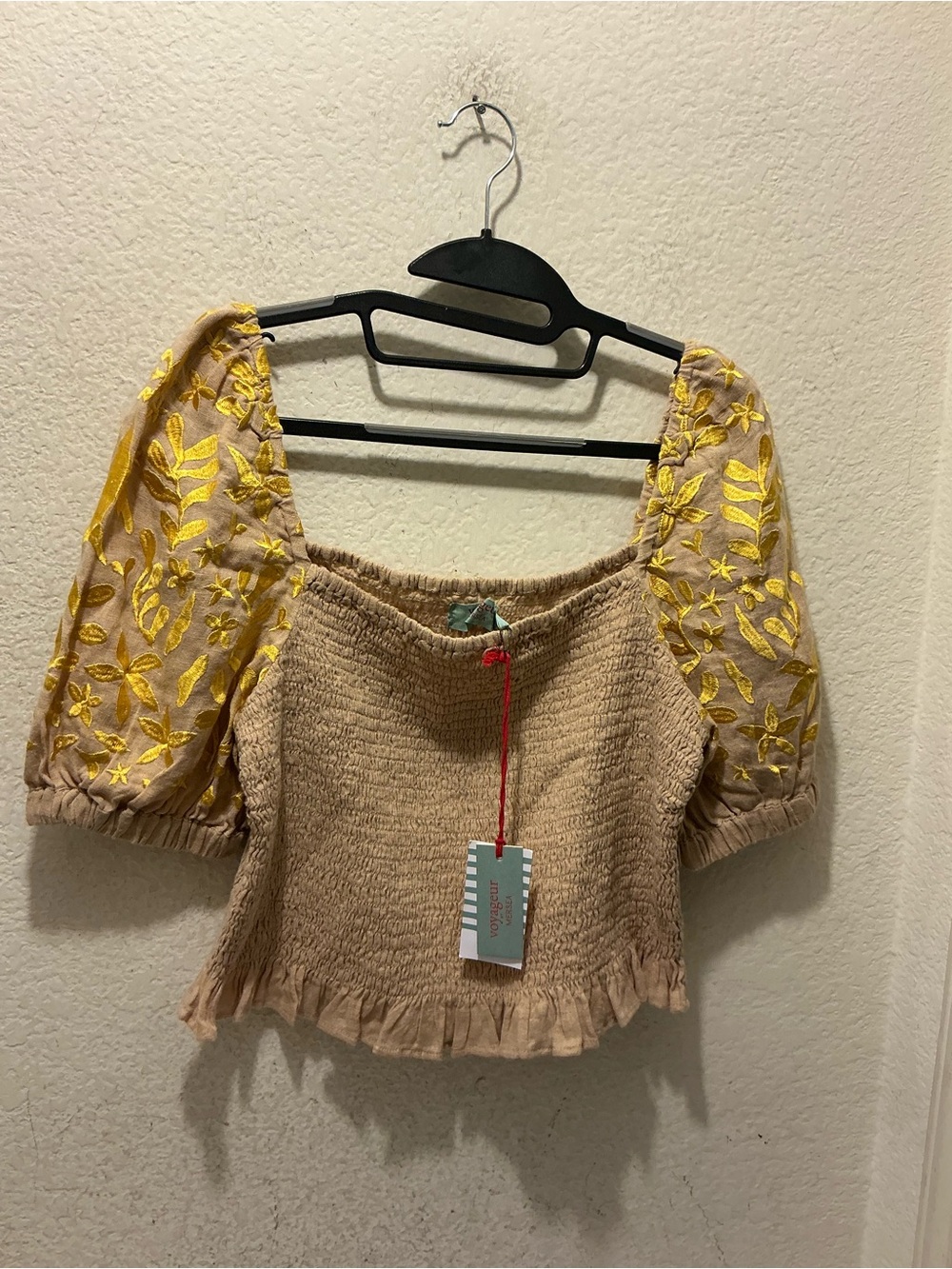 NWT voyageur by Mersea Smocked Crop Top Yellow Embroidered Puff Sleeves